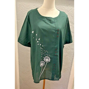 Dayou Shirt Women Button Tunic Top NWT 2X Dandelions Linen Blend Green Office